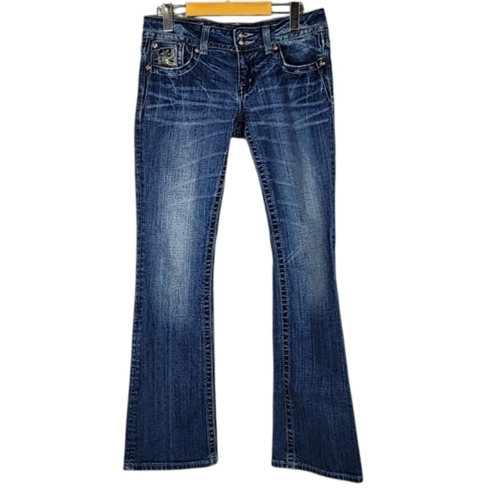 Miss Me JP6053B Low Rise Boot Cut Sequin Embellished Flap Pocket Jeans Size 28